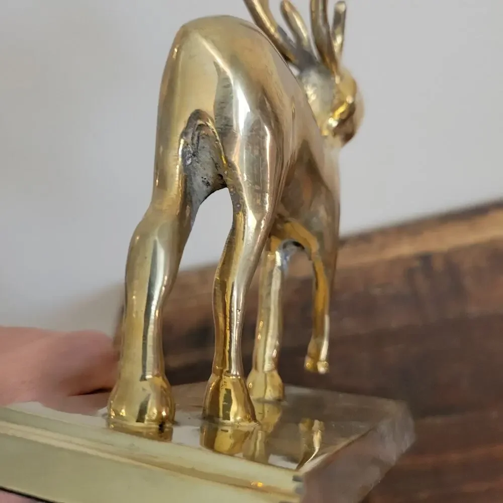 Vintage Brass Reindeer Stocking Hanger Long Arm Heavy Mantel Hook Stag 5.75